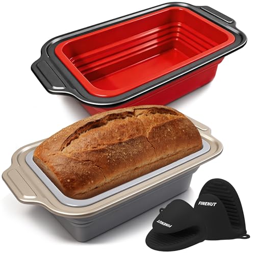 2-Pack Collapsible Silicone Bread Pans with Reinforced Rim & Oven Mitts - Space Saving Loaf Pans for Baking - Easy Release Nonstick Foldable Mold for Meatloaf, BPA Free