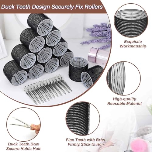 Large Hair Rollers Set - 24 Pieces with 12 Jumbo Rollers and 12 Clips for Long Thick Hair Volume (Black) - color: Black