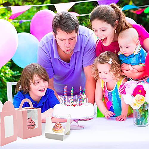 Cupcake Boxes, 30 Pcs Single Cupcake Boxes Individual Cupcake Containers Muffins Cupcake Carriers Holder Kraft Pastry Containers with Insert Window & Handle for Wedding Birthday Parties (Pink) - color: Pink