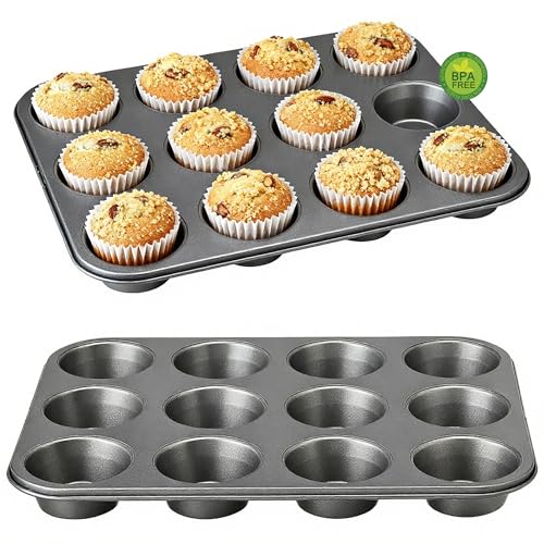 Muffin Pan for Baking, Nonstick Cupcake Tin 12 Cup, 2 Pack Cup Cake Tray, Premium Cheesecake Pans, Dishwasher Safe- Carbon Steel - color: 2pc- Carbon Steel