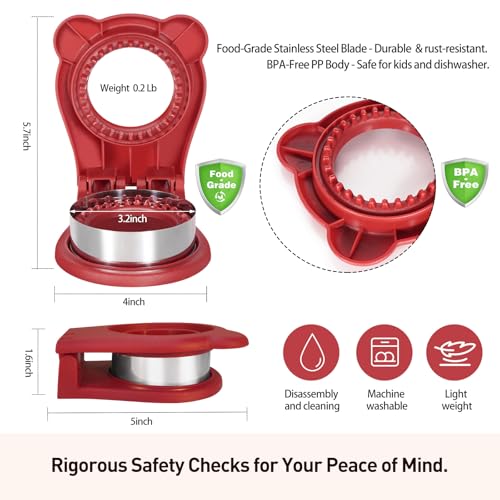 Sandwich Cutter and Sealer for PB&J, Round Crustless Kitchen Tool, Kids Lunch Snacks Maker for Biscuit, Cookie-Dough, Red,3.2inch - size: 5x4x1.6inches