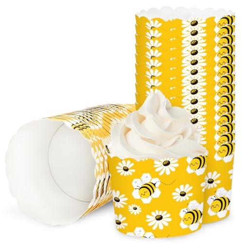 FYSUIMU 100Pcs Bee Paper Baking Cups Yellow White Bee Daisy Cupcake Wrappers Summer Scalloped Edge Cupcake Muffin Cases Disposable for Dessert Decoration - style: Bee
