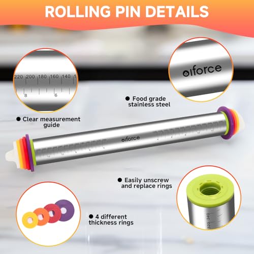 13.6" Stainless Steel Rolling Pin with 4 Thickness Rings & Cookie Molds - color: Stainless Steel