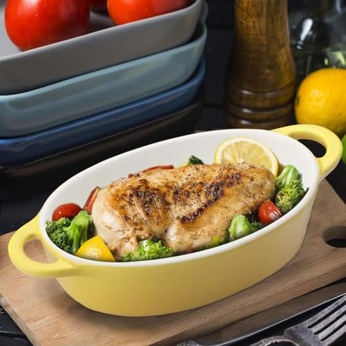 Foraineam 6 Pack 20 oz Oval Au Gratin Baking Dishes with Handles, Porcelain Casserole Dish Single Serving Ramekins for Oven & Microwave Cooking and Baking, 7.2" x 5.5", Oven Safe Roasting Lasagna Pan