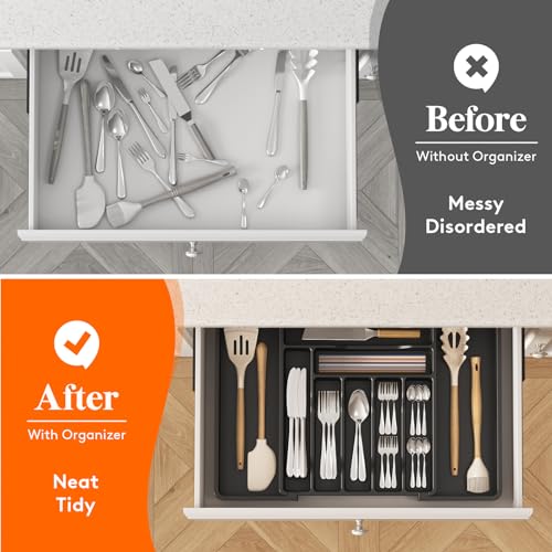 Lifewit Expandable Silverware Drawer Organizer, Kitchen Utensil Tray - color: Black, size: XL (13"-22.4" W × 15"D)