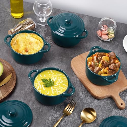4 Pack Mini Cocotte Set, 16 oz Small Durable Soup Pot, Dark Green