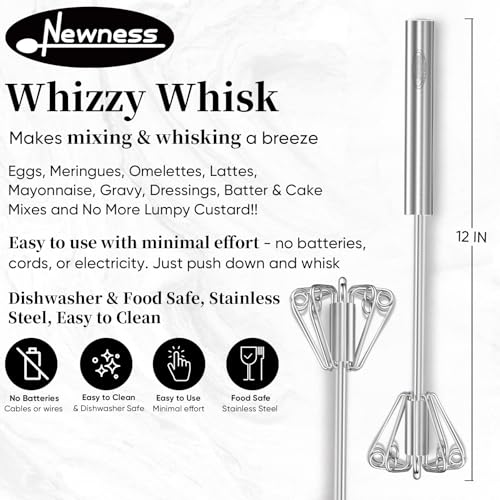 Newness Whizzy Whisk, Stainless Steel Semi Automatic Blender for Home -Versatile Tool for Egg Beater, Milk Frother, Hand Push Whisk - Kitchen Utensil for Blending, Whisking, Beating & Stirring - size: 1 PCS 12 Inch