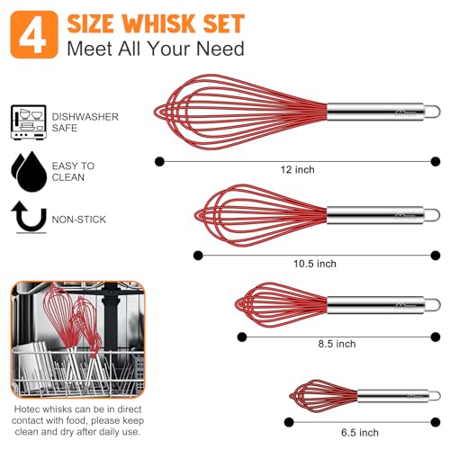 HOTEC 4Pcs Silicone Whisk Set, Wire Balloon Whisks for Cooking Egg Beater - color: Red,Silver