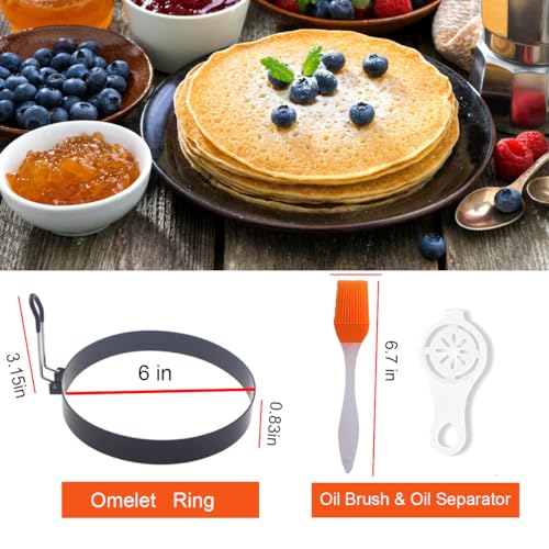 Pancake Ring for Griddle,2 Packs 6 Inch Egg Pancake Maker,Omelette Rings for Griddle,Non-stick Stainless Steel Crumpet Ring,Egg Muffin Rings Fried Egg Ring Pancake Shaper with Sinlicone Handle Grill - color: Black 2 pcs of 6“ with accessories