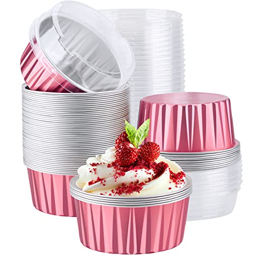 EUSOAR Disposable Ramekins with Lids, 60pcs 5oz Foil Dessert Cups, Aluminum Baking Cups Liners Mini Cupcake Containers Cheesecake Creme Brulee Ramekins for Wedding Party Catering Gathering-Carmine - color: Carmine, size: 60pcs