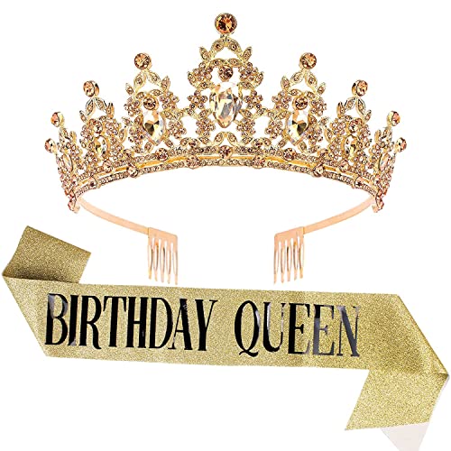 "BIRTHDAY QUEEN" Sash and Tiara for Women Crystal Tiara and Satin Kit for Girl Rhinestones Crown with Comb Glitter Hair Accessories for Prom Party Decoration Cake Topper Accessory Set with Pins - color: Champagne Tiara+Gold Sash