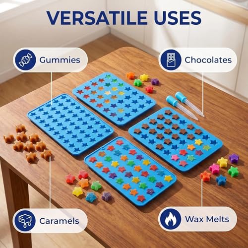 Star Silicone Candy Molds - 240 Cavity Mold Set with Droppers, 2-Pack Circle Molds for Gummies, Chocolate, Hard Candy, Caramels, Ice Cubes, BPA Free Non-Stick Baking Molds - color: 240 Cavity Star Candy Molds