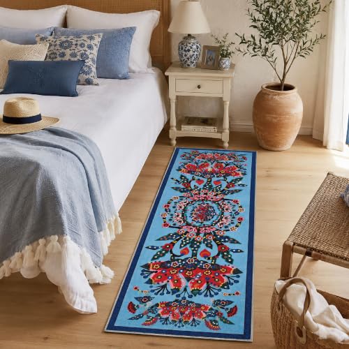Lotus Runner Rug 2x6 Washable Accent Rug - color: Blue Flower, size: 2' x 6' (Rectangular)