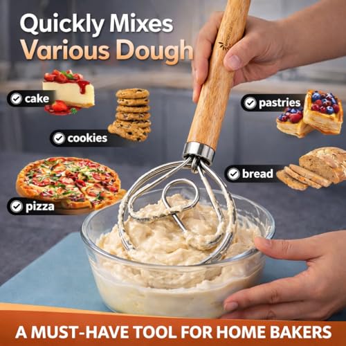 Danish Dough Whisk for Sourdough – Thick Stainless Steel Dutch Whisk with Ergonomic Oak Handle – Heavy-Duty Dough Mixer for Bread & Baking - size: Heart Shape