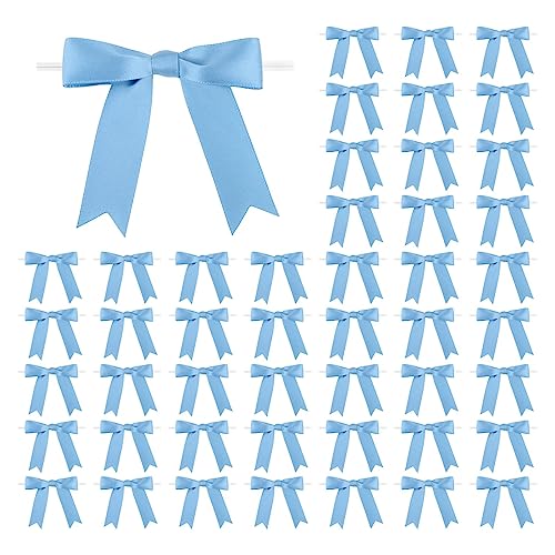 Meseey 50 Pcs 3 Inches Premade Dusty Blue Satin Ribbon Twist Tie Bow Pretied Craft Bows for Treat Bags Gift Wrapping Basket Wedding Baby Shower Brithday Christmas Party (Dusty Blue) - color: Dusty Blue