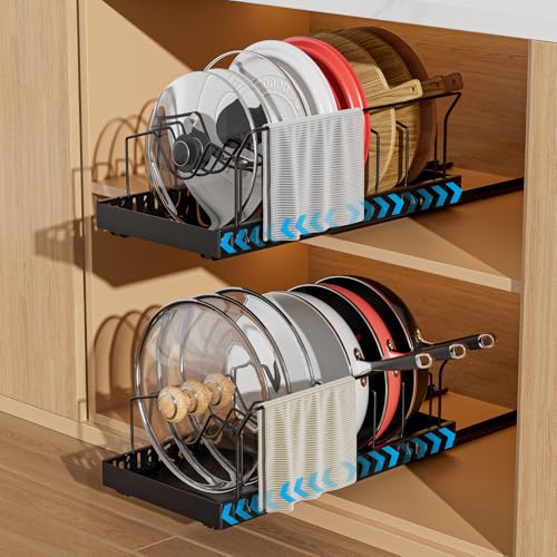 Black 2 Pack Pot Lid Organizer, Pull Out Cabinet Rack, 8 Dividers - color: Black, size: 8 Dividers-2 PACK-Hands
