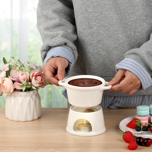 BSTKEY 300ML Ceramic Butter Warmer Set with 2 Forks, White Fondue Pot Melting Pot Set, Melt Hot Pot Bowl Set for Cheese Chocolate Butter Caramel - color: White