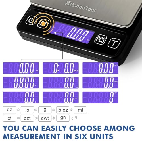 KitchenTour Digital Kitchen Gram Scale - 3000g/0.1g - High Accuracy Precision Food Scale with 9 Units(g/oz/ml/lb/lb:oz/gn/ozt/DWT/ct) - Meat Scale with Back-Lit LCD Display(Batteries Included) - size: 3000g/0.1g (Pack of 1)