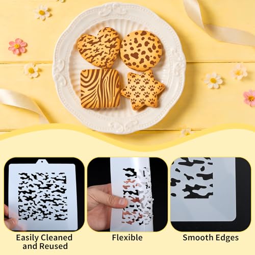 25 Pcs Cookie Stencils for Baking, Honeycomb Mermaid Scale Leopard Tiger Snake Texture & Dog Paw Print Patterns, Royal Icing Airbrush Cake Stencils for DIY Desserts & Party Crafts Reusable - style: Style 3
