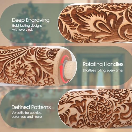 Embossed Rolling Pin for Baking Cookies Christmas Embossing Rolling Pins with Design Wooden Engraved Springerle Roller Pin Dough Patterned Clay Pottery Ceramic Bakers Women (Flower Snowflake Paisley) - color: Paisley Flower