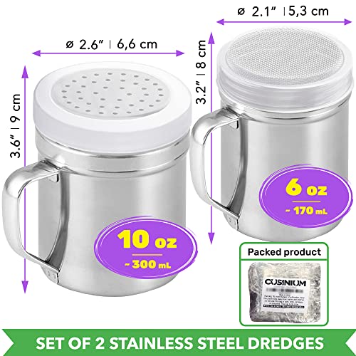 CUSINIUM 6oz Fine Mesh + 10oz Medium Holes Dredges - With Lids - With Handles - Flour Shaker Duster Set - Confection Sugar Shakers