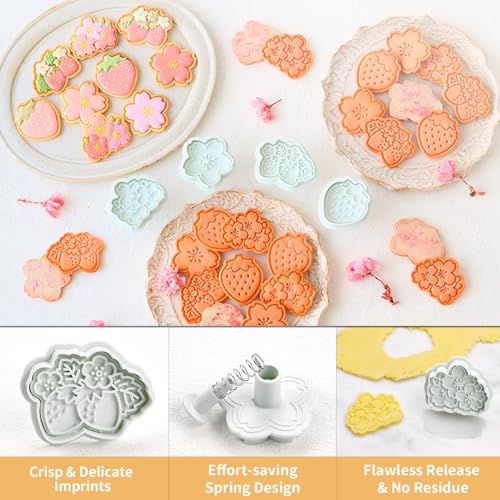 Strawberry & Cherry Blossom Spring Cookie Cutters, 4 Designs with Spring Pusher, Sakura Strawberry Biscuit Molds for Spring Party DIY Baking & Decorations - Set of 4 - color: Strawberry Cookie Cutter