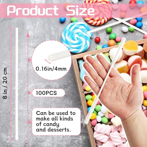 100 Pack 8 Inch White Lollipop Sticks,Long Paper Treat Sticks,White Paper Cake Pop Stick for Homemade Candy,Cupcake Toppers,Chocolate,Dessert (Dia 4mm) - size: 8 Inch (Pack of 100)