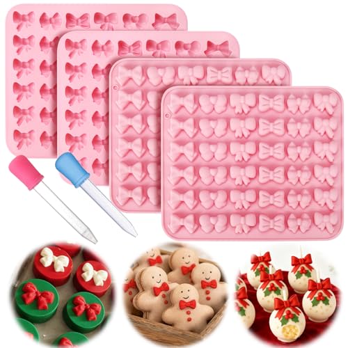 Palksky Bow Chocolate Mold Silicone, 4PCS 36 Cavities Bow Fondant Molds, Gummy Candy Molds for Gummies Cookies Fruit Snacks Cupcake Decor with 2 Droppers, Non-Stick For DIY Homemade Treats - color: 4Pcs Bow Mold