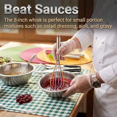 Silicone Whisk,Stainless Steel Wired Wisk Set 8" 10" 12",Heat Resistant 480°F,Perfect for Non-Stick Cookware, Kitchen Whisks for Whisking, Cooking, Baking, Beating & Frothing (Rainbow) - color: Rainbow