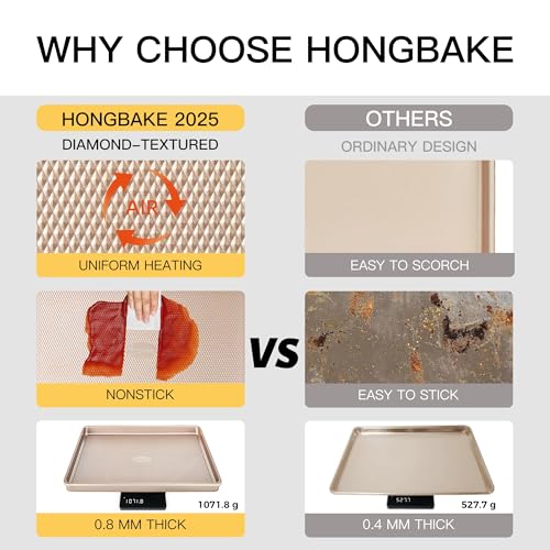 HONGBAKE Baking Sheet Pan Set of 3, Cookie Sheets for Oven, Nonstick Half/Quarter/Jelly Roll Pans with Diamond Texture Pattern, 0.8mm Thick Heavy Duty Cookie Tray, Champagne Gold - color: Champagne Gold (Carbon Steel)