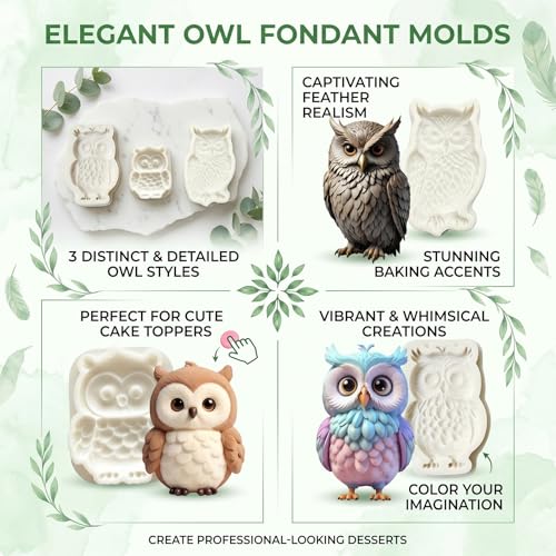 3Pcs 3D Owl Silicone Mold Set, Woodland Bird Fondant Baking Molds - color: Owl silicone mold