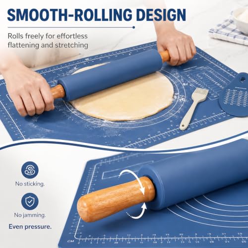 4Pcs Silicone Rolling Pin Set, 15Inch Blue Nonstick Pastry Roller - color: Navy Blue 4 Set