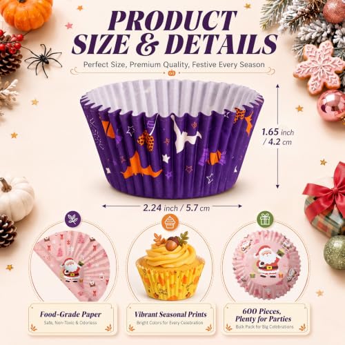 Fullhawl 600 Pcs Halloween Cupcake Liners, 12 Designs Disposable,Large - size: Large