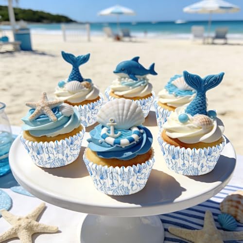 AnyDesign 300Pcs Last Toast on the Coast Cupcake Liners Paper Baking Cups Summer Blue Coastal Beach Standard Muffin Cupcake Wrappers for Bachelorette Bridal Shower Wedding Party Supplies - style: Coastal Beach