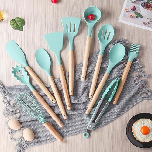 19 Pieces Kitchen Utensils and Knife Set with Block, Inldued 9 Pieces Silicone Cooking Utensils Set 5 Pieces Sharp Stainless Steel Chef Knives Scissors Whisk Tongs and Cutting Board (TEAL) - color: Teal