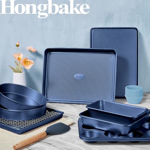 HONGBAKE 22-Piece Baking Pans Set Nonstick, Stackable Non Toxic Bakeware Sets with Diamond Texture, Oven Pan Set for Cooking, Includes Cookie Sheet with Rack, Cake Pan, Roasting Pan, Muffin Tin, Blue - color: Sapphire Blue
