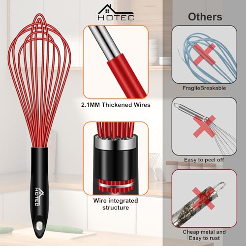 HOTEC 4Pcs Silicone Whisk Set, Wire Balloon Whisks for Cooking Egg Beater - color: Red,Yellow,Blue,Purple