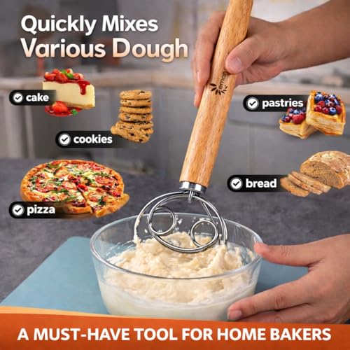 Danish Dough Whisk for Sourdough Bread – 13 Inch 2 Loop Stainless Steel Dutch Bread Whisk – Heavy Duty Dough Mixer for Bread Pizza Pastry Cookies – Ergonomic Oak Handle BPA Free - size: 2-Loop Classic