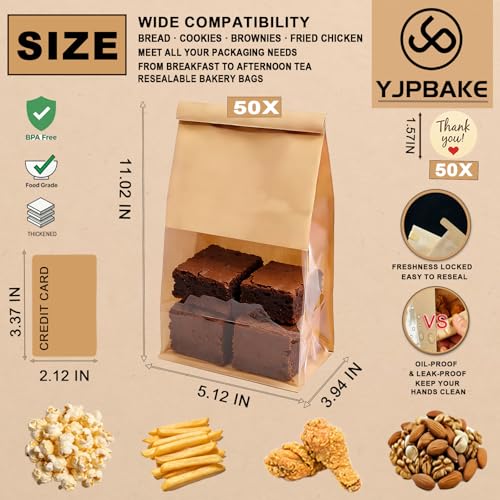50 Pack Kraft Bakery Bags with Clear Window and Tin Tie - Greaseproof Cookie Bags and Treat Bags for Homemade Bread, Sourdough & Cookie Packaging