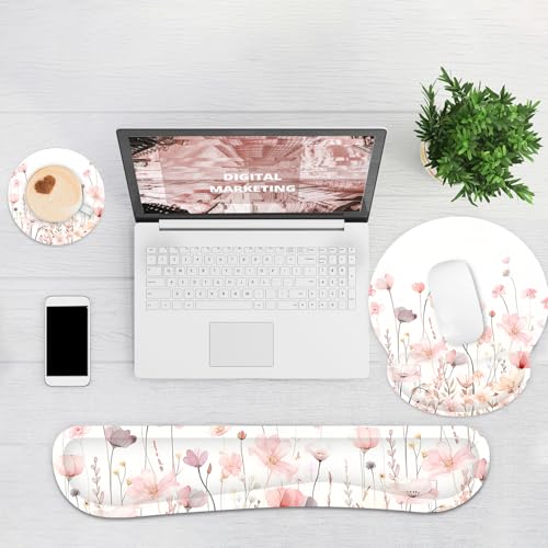 Ergonomic Mouse Pad with Wrist Rest and Keyboard Wrist Rest, Mousepad - color: Pink Watercolor Flowers