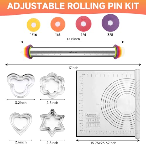 13.6" Stainless Steel Rolling Pin with 4 Thickness Rings & Cookie Molds - color: Stainless Steel