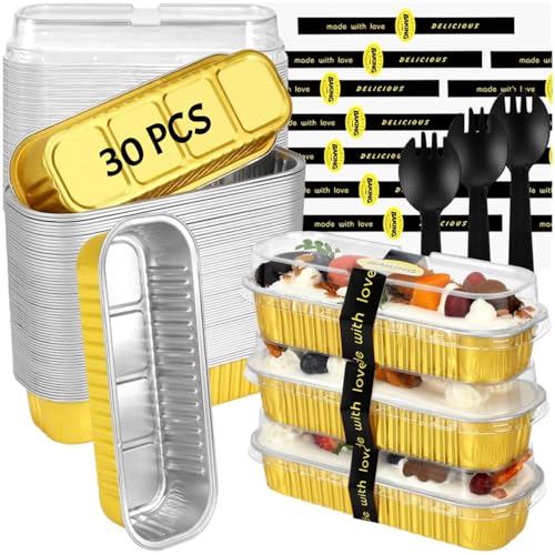 30 Pack Gold Mini Rectangular Aluminum Foil Loaf Pans with Lids 6.8oz, Spoons & Sealing Stickers Included - Perfect for Baking Mini Cakes, Parties & Gifting - color: Gold