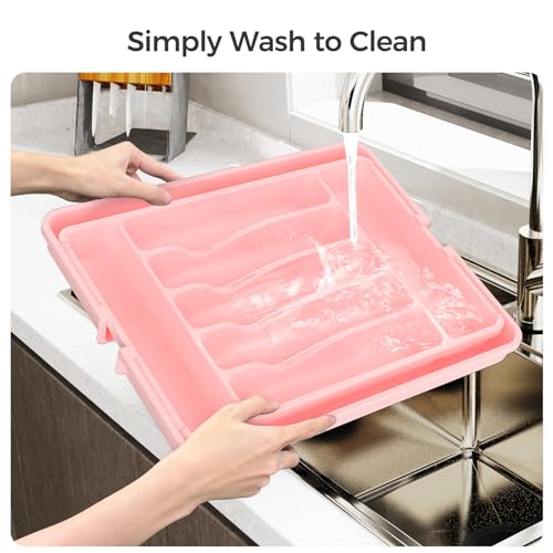 ukeetap Extra Large Expandable Silverware Organizer, Flatware Tray, Pink - color: Pink