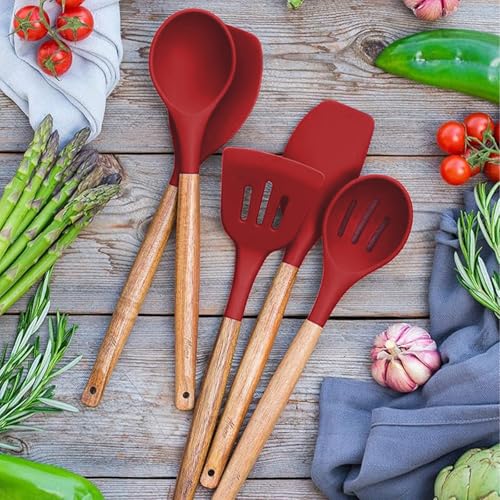 Kitchen Utensils Set, Silicone Cooking Utensils Set,Non-Stick Silicone Spatula Set with Natural Acacia Hard Wood Handle, 5 Piece, Upgraded Thickened Cookware - color: Red