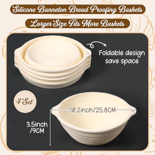Fanfanwin 4 Pcs 10" Silicone Banneton Bread Proofing Baskets Foldable Beige