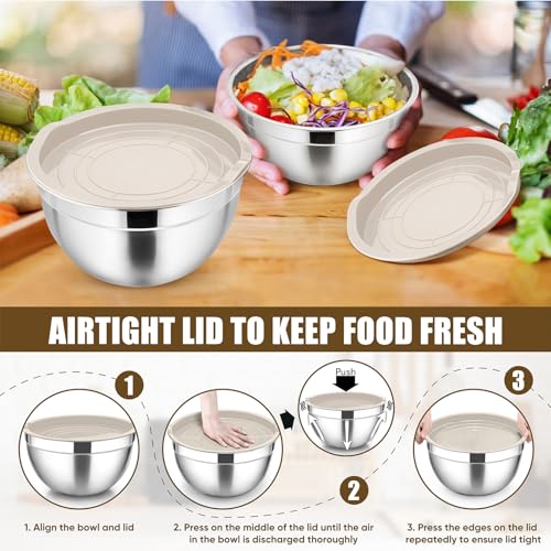 P&P CHEF Metal Mixing Bowls with Lids Set, Airtight Lids & Khaki - color: Khaki, style: Airtight Lids