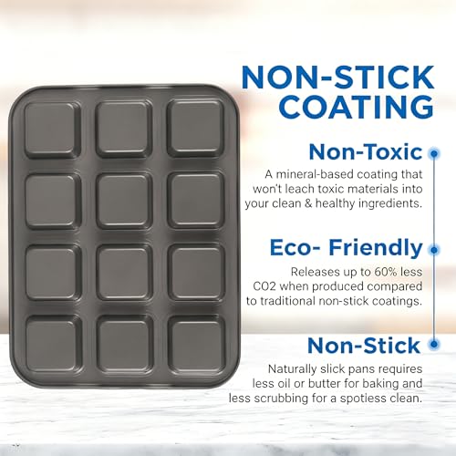 12 Cavity Brownie Pan with Dividers, Non Stick Square Carbon Steel Muffin Baking Bakeware with 300 PCS Parchment Liners, Dark Gray - size: 13.7x10.04x1inch