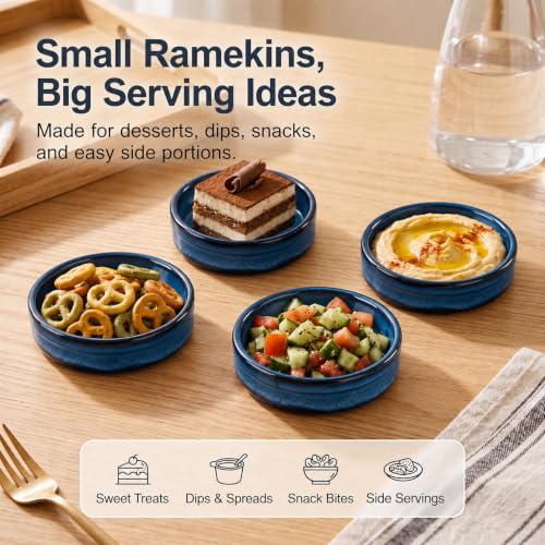 ONEMORE Creme Brulee Ramekins 4 oz Ceramic Ramekin Set of 14, Oven Safe Baking Ramekins, Small Sauce Dishes, Stackable Blue Custard Cups, Dishwasher Microwave Safe - color: Blue, size: 4 oz (14PCS)