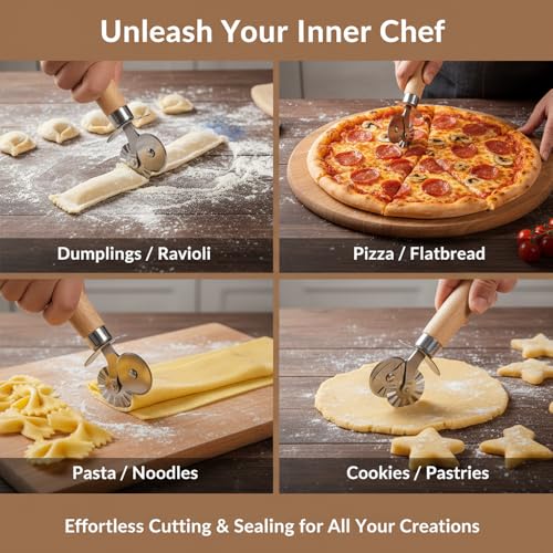 2 Pack Pastry Cutter Double Wheel - Exquisite Wooden Handle, Perfect for Pasta, Pizza, Ravioli, Cookie -Cheese Slicers Enhance Your Culinary Artistry