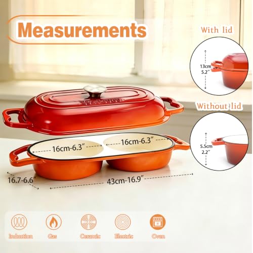 DIY Double Dutch Oven for Sourdough Bread Baking – Enamel Cast Iron Bread Baker with Lid, Bake Two Different Loaves at Once, 500°F Oven Safe, Includes 2×8" Banneton Proofing Baskets - color: Orage